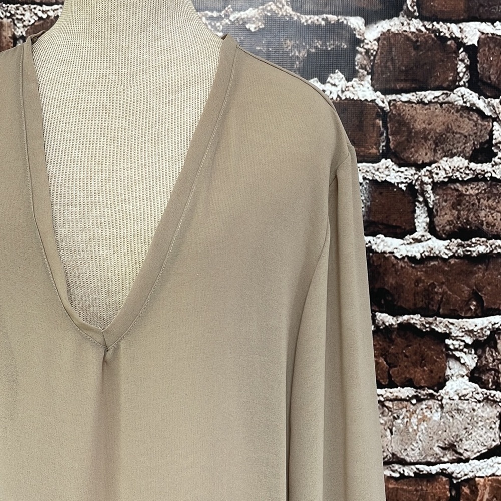 Rosche Dress Tan Maxi Long Sleeves V-Neck Pleated Semi Sheer Size Large Brown - Picture 3 of 13